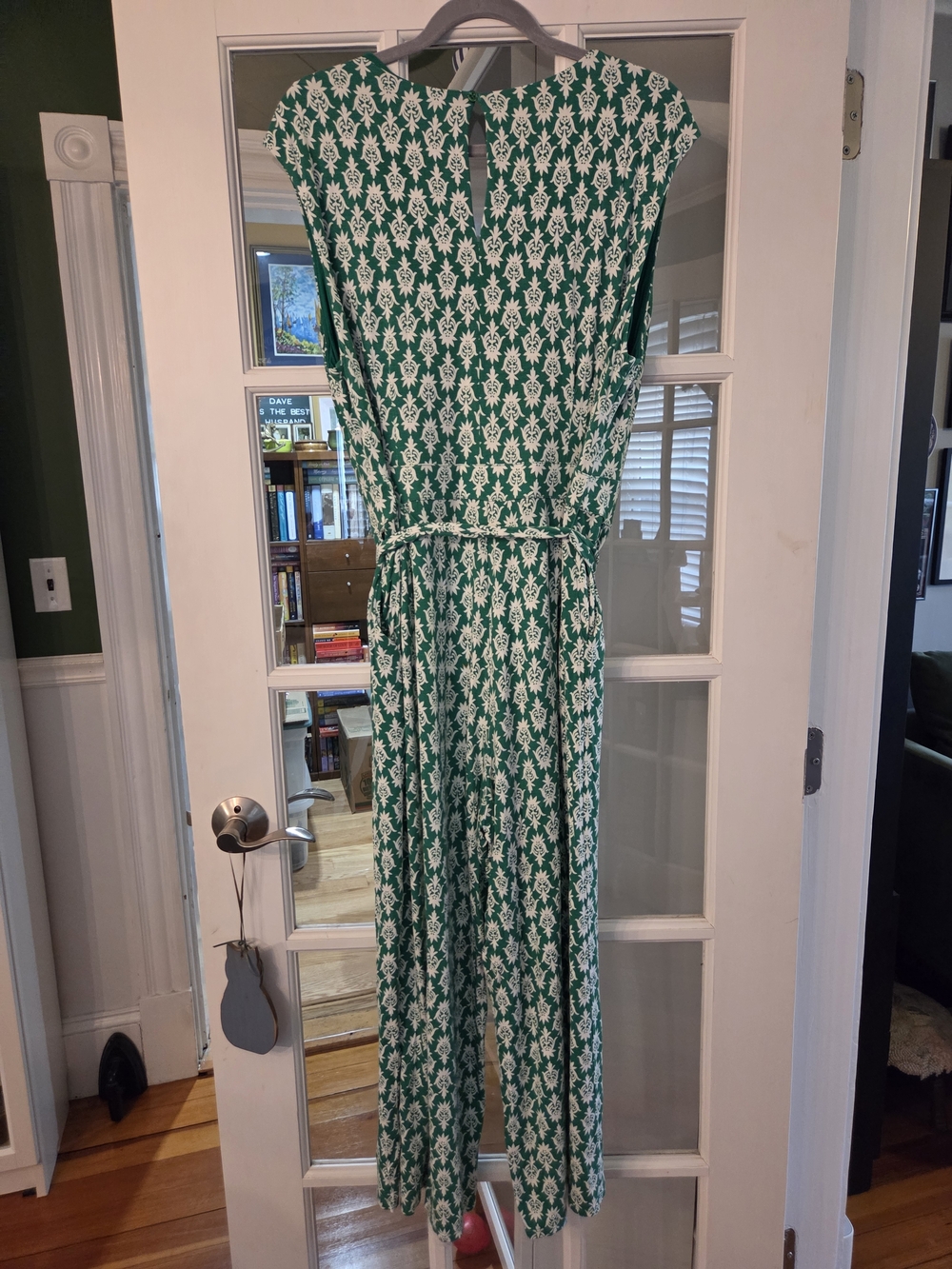 Boden Green & White Printed V-Neck Tie-Waist Jumpsuit - Picture 2 of 8